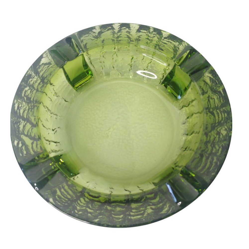 Vintage MCM Cut Glass Ashtray Chartreuse Green Round Retro Smoker Bar 6.75"